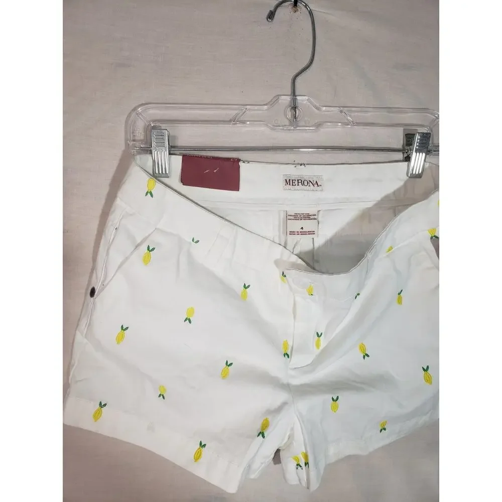 Merona Green White Lemon Pattern Casual Chino Shorts Sz 4 R309